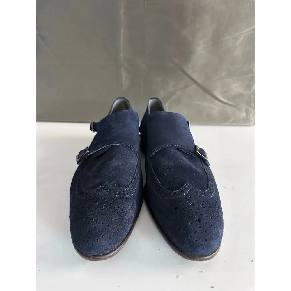 BOSS Hugo Boss Navy Suede Double Monk Strap Wingtip Brogue Shoes